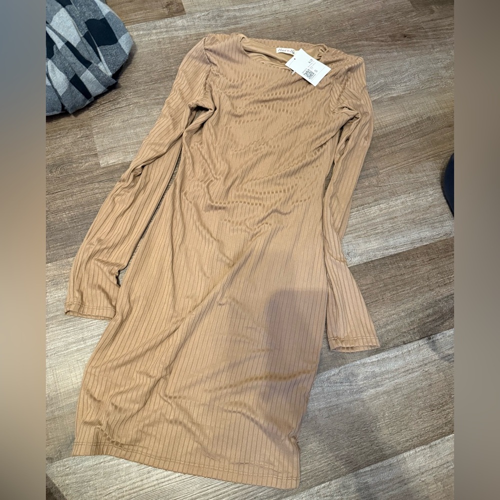 Forever 21 Tan Ribbed Asymmetrical Long Sleeve Dress